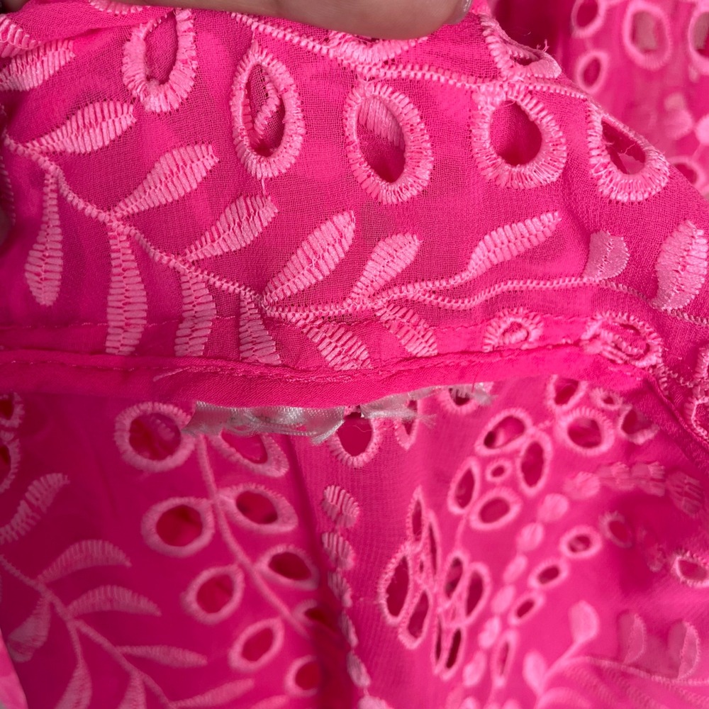 Hot Pink Eyelet Embroidery Button Front Maxi Dress Collared 3/4 Sleeve Scalloped - Picture 3 of 7
